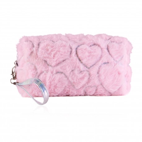 Trousse de toilette peluche rose cœur (18x11x7 cm)