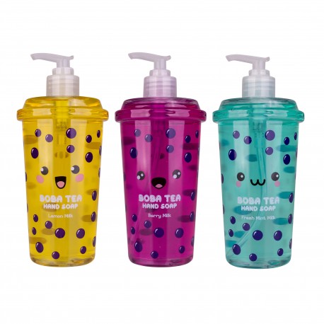 Distributeurs savon mains 500ml BUBBLE TEA, 3 couleurs et senteurs assorties