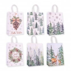Sac cadeau en papier FIR TREES (21x15x8 cm), 6 modèles assortis